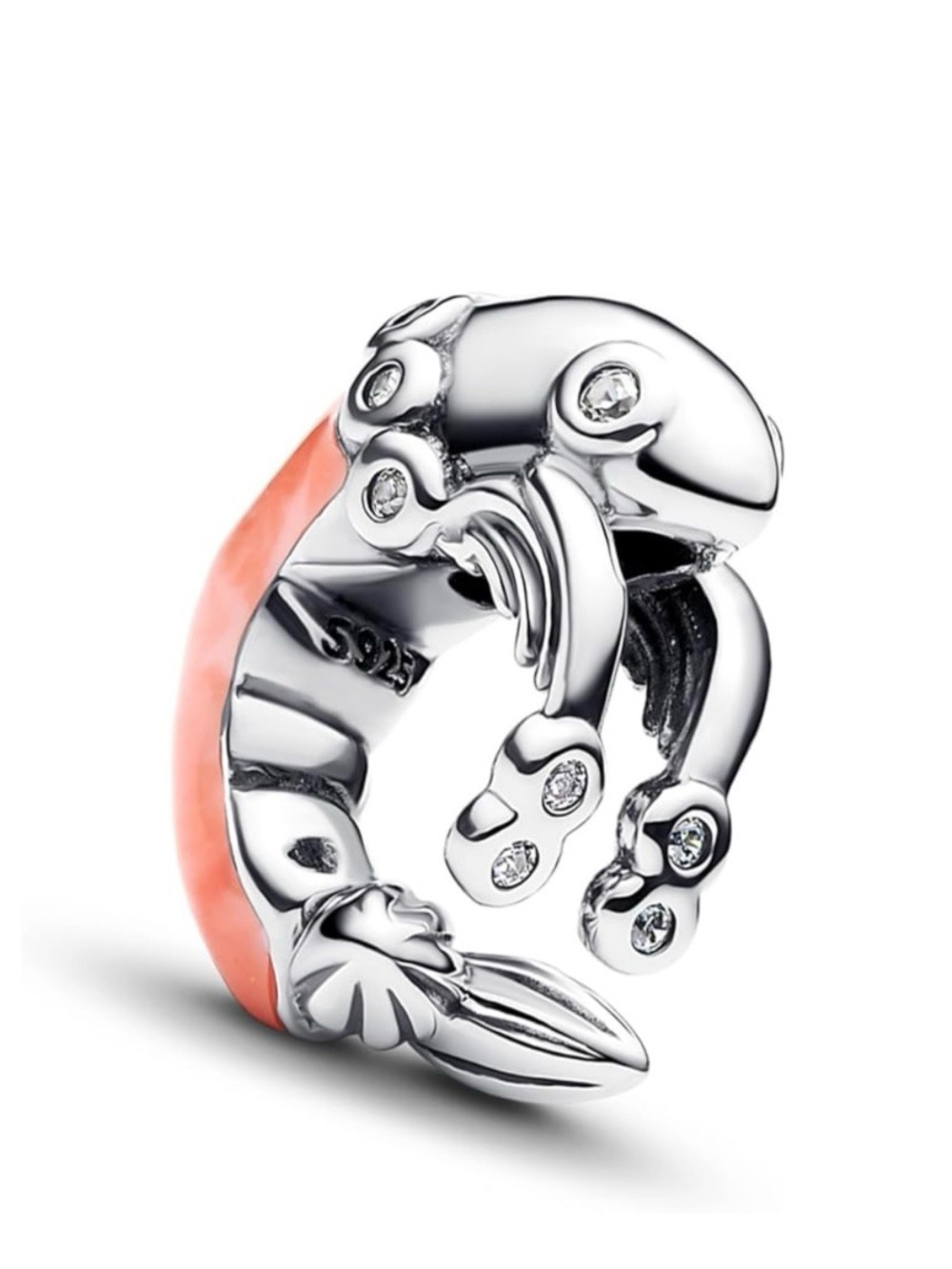 🦐 Sterling Silver Shrimp Pink Enamel CZ Charm 925